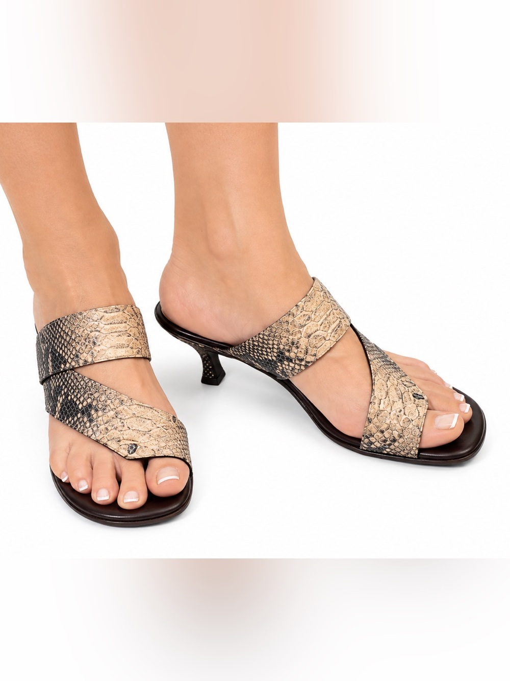 Donald J. Pliner Brown Leather Vivica Snakeskin Print Kitten Heel Sandals Italy